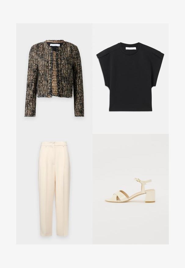 Texturierte Jacke in Schwarz und Beige mit ausgefransten Kanten, offenem Vorderteil und langen Ärmeln; aus einem gewebten, leicht glanzenden Material gefertigt.; Schwarzes kurzärmliges Oberteil mit rundem Halsausschnitt und Schulterdetails, flach auf einem weißen Hintergrund ausgelegt.; Beige maßgeschneiderte Hose mit geradem Schnitt, mit Falten an der Vorderseite, einer glatten Textur und einer mittelhohen Taille. Keine sichtbaren Taschen.; Beige lackleder Absatzsandalen mit Kreuzriemen-Design, offener Zehenbereich, verstellbare Knöchellasche und Blockabsatz. Glatte Textur.