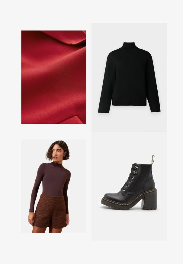 Roter Textilstoff mit glatter Oberfläche, der einen subtilen Glanz zeigt. Das Material wirkt leicht und leicht biegsam mit dezenten Mustern.; Schwarzer Rollkragenpullover aus weichem Strickstoff, mit langen Ärmeln und einem entspannten Schnitt. Glatte Textur ohne sichtbare Muster oder Akzente.; Brauner Langarm-Body kombiniert mit strukturierten braunen Strickshorts. Der Body hat einen hohen Kragen, während die Shorts ein strukturiertes Design aufweisen.; Schwarze Lederstiefelette mit einem klobigen hohen Absatz, Schnürung vorne, metallischen Ösen und gelben Nähten entlang der Sohle. Strukturierten Gummiaußensohle.
