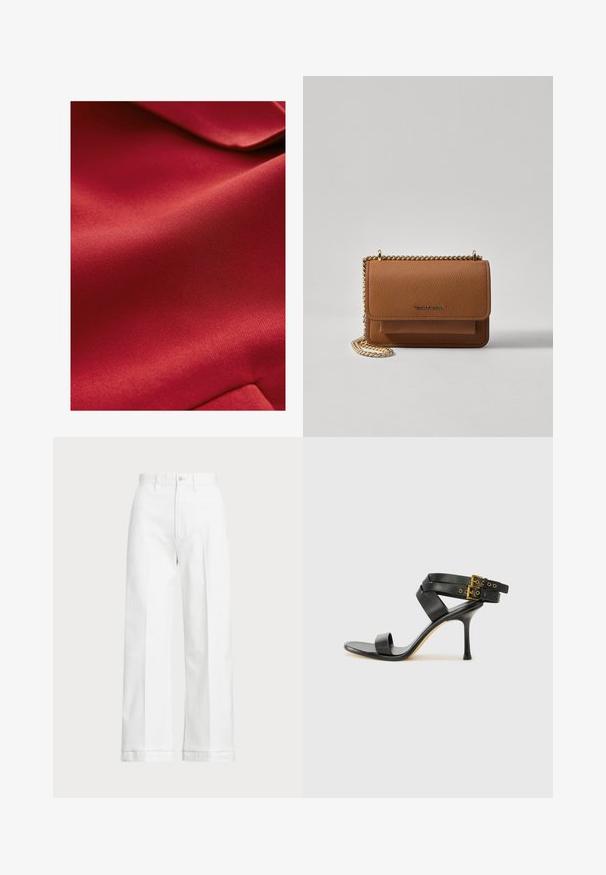 Vörös, texturált szövet sima felülettel, finom fénylő hatással. Az anyag könnyűnek és kissé hajlékonynek tűnik, árnyékos mintákkal.; Fehér ujjatlan pulóver sima pamutból, bordás szegéllyel és kis sötétkék logóval a bal alsó részen. Egyszerű dizájn, minta nélkül.; Fehér, bő szárú nadrág magas derekú szabással, gombos záródással és diszkrét varrási részletekkel. Pamutból készült, sima tapintással.; Fekete magassarkú szandál keresztpántos dizájnnal és állítható csattal. Simább felülettel és hegyes tűsarkúval rendelkezik.; Barna textúrájú bőr keresztbody táska arany lánc pánttal és fedélzárral. Az elején logó részlet és egy zseb található a fedél alatt.
