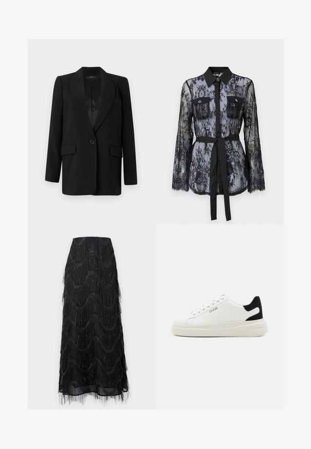Blazer nero con collo a lancia, chiusura a un bottone, due tasche frontali e interno in satin liscio. Design dritto.; Blusa nera in pizzo con maniche lunghe, tasche sul petto con bottoni, colletto classico e una cintura in tessuto legata in vita. Design trasparente.; Gonna midi nera con frange a strati e motivi a onda. Realizzata in materiale trasparente con accenti scintillanti lungo i bordi.; Sneaker bianchi in pelle con suola spessa bianca, accento in suede nero sul tallone e logo impresso sul lato. Design con lacci e sei fori per i lacci.