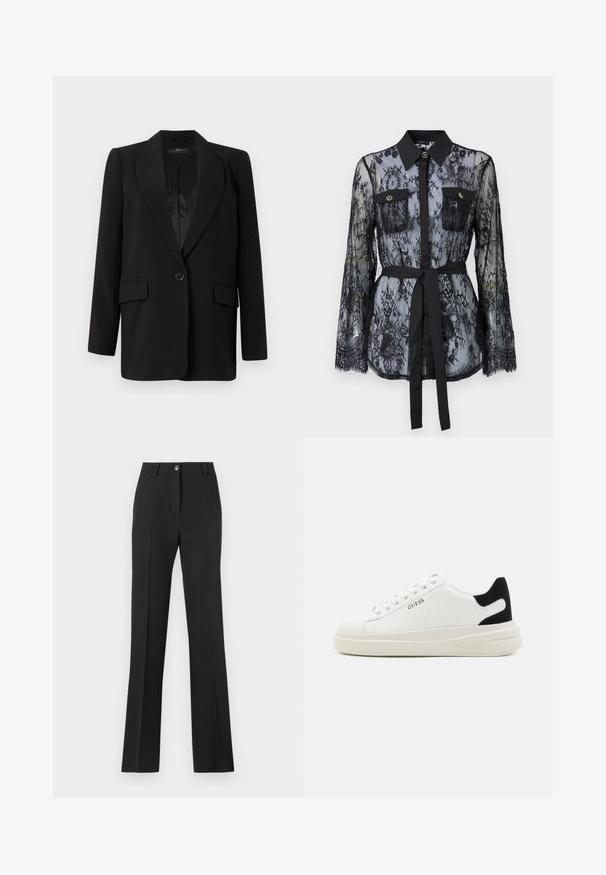 Musta bleiseri, jossa on sahalaitareunat, yksittäinen napin kiinnitys, kaksi etutaskua ja sileä satiinivuori. Suora leikkaus.; Mustapitsi pusero, jossa on pitkät hihat, napilliset rintataskut, klassinen kaulus ja kangasvyö sidottuna vyötärölle. Läpinäkyvä muotoilu.; musta, räätälöity suoralahkeinen housu. Varustettu napilla suljettavalla vyötäröllä, vyönlenkeillä ja sileällä, mattaisella pinnalla.; Valkoiset nahkakengät paksulla valkoisella pohjalla, mustalla mokkanahkaosuudella kannassa ja kohokuvioitu logo sivulla. Nauhakeskitys kuudella reiällä.