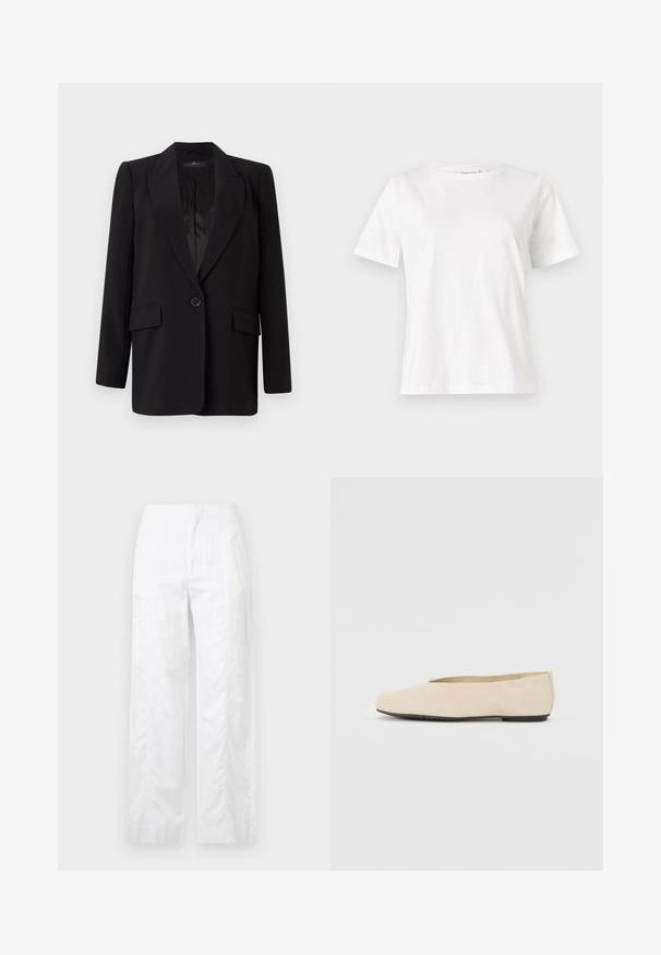 Crni sako s izrezanim reverima, jednim dugmetom, dva prednja džepa i glatkom satenskom unutrašnjošću. Ravnog kroja.; Bijela pamučna majica s kratkim rukavima, okruglim izrezom i opuštenim krojem. Glatka tekstura, bez uzoraka ili akcenata, minimalistički dizajn.; Bijele široke hlače od laganog materijala, s glatkom teksturom, čistim linijama i visokim strukom.; Bež suédne balerinke s okruglim vrhom, ravnim potplatom i minimalnim dizajnom. Glatka tekstura bez vidljivih hardverskih elemenata ili ukrasa.