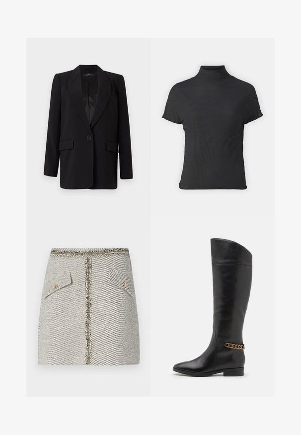 Blazer noir avec un col à pointes, fermeture à un bouton, deux poches avant et un intérieur en satin lisse. Design à coupe droite.; Haut noir à manches courtes avec col roulé, fabriqué en tissu léger à la texture lisse et à la coupe ajustée, présentant un col montant.; Jupe en tweed tissé dans un motif à chevrons noir et blanc, dotée de deux poches avant et d'une fermeture éclair dorée à l'arrière avec des bords effilochés.; Bottes en cuir noir hautes au design épuré, avec un bout pointu et un accent en chaîne dorée à la cheville. Talon bas en bloc. Texture lisse.