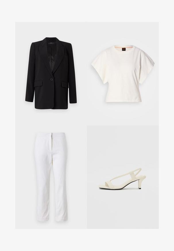 Crni sako s izrezanim reverima, jednim dugmetom, dva prednja džepa i glatkom satenskom unutrašnjošću. Ravnog kroja.; Bijeli skraćeni T-shirt, široke kratke rukave, mekani pamučni materijal, okrugli izrez s suptilnim narančastim detaljem, minimalistički dizajn, bez uzoraka ili grafika.; Bijele pamučne hlače ravnog kroja, sa strukom srednje visine i bez vidljivih metalnih dijelova ili uzoraka. Glatka tekstura kroz cijelu dužinu.; Bež sandale na blok petu s tankim remenčićima i kvadratnim vrhom. Glatki materijal s minimalnim detaljima, dizajnirane za jednostavno nošenje.