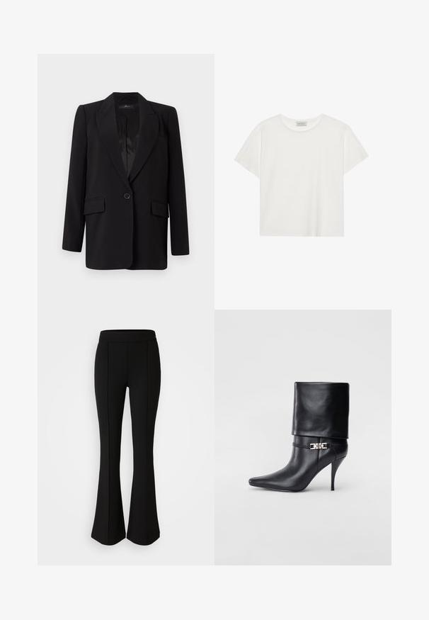 Zwarte blazer met een geknipt revers, enkele knoopsluiting, twee voorkezen en een glad satijnen interieur. Recht model.; Witte T-shirt met korte mouwen, gemaakt van zachte katoen. Heeft een ronde halslijn en een relaxte pasvorm. Schoon ontwerp zonder zichtbare patronen of accenten.; Zwarte flared broek gemaakt van een rekbaar materiaal met een gladde textuur, met naaddetails aan de voorkant voor extra ontwerp.; Zwarte leren enkelboot met een spitse neus, hoge stilettohak, opgevouwen manchet en een gouden decoratieve gespdetails op de enkel.