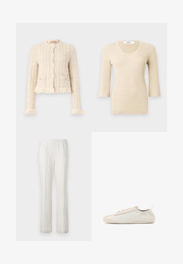 Teksturert kremfarget cardigan med bouclémønster, rund hals, fransede kanter og mansjetter, frontlommer og knappelukking.; Beige ribbestrikket langermet topp med dyp utringning. Teksturen er glatt og figursydd. Slippede mansjetter gir en subtil designdetalj.; Lysfargede, strake bukser med en jevn tekstur, med frontpliser og et rent design på midjebåndet.; Kremfargede lær sneakers med rund tå, snøring, teksturerte detaljer og teksturert gummisåle med sikksakk-mønster for godt grep.