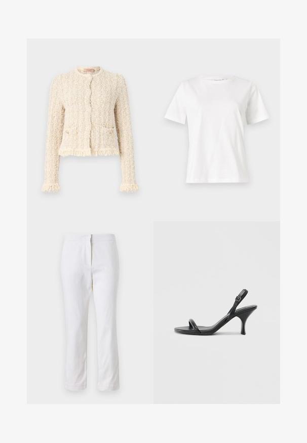 Teksturirani krem kardigan s bouclé dizajnom, okruglim izrezom, resicama na rubovima i manžetama, prednjim džepovima i kopčanjem na dugme.; Bijela pamučna majica s kratkim rukavima, okruglim izrezom i opuštenim krojem. Glatka tekstura, bez uzoraka ili akcenata, minimalistički dizajn.; Bijele pamučne hlače ravnog kroja, sa strukom srednje visine i bez vidljivih metalnih dijelova ili uzoraka. Glatka tekstura kroz cijelu dužinu.; Crne kožne sandale na visoku petu s tankom, zakrivljenom petom i dizajnom prekriženih traka. Podesiva traka oko gležnja. Glatka tekstura.