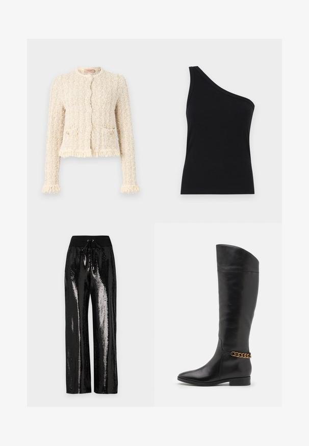 Texturiertes Creme-Cardigan mit Boucle-Design, Rundhalsausschnitt, Fransen-Saum und -Ärmel, vorderen Taschen und Knopfverschluss.; Schwarzes, geripptes Tanktop mit einem Schulterdesign, tailliert und aus einem weichen Material gefertigt. Es hat einen klaren, minimalistischen Schnitt und einen glatten Halsausschnitt.; Schwarze Pailletten-Hosen mit weitem Bein und elastischem Bund mit Kordelzug. Der Stoff hat eine reflektierende, glänzende Textur.; Hohe schwarze Lederstiefel mit elegantem Design, spitzer Zehe und einem goldenen Kettenakzent am Knöchel. Tiefer Blockabsatz. Glatte Textur.