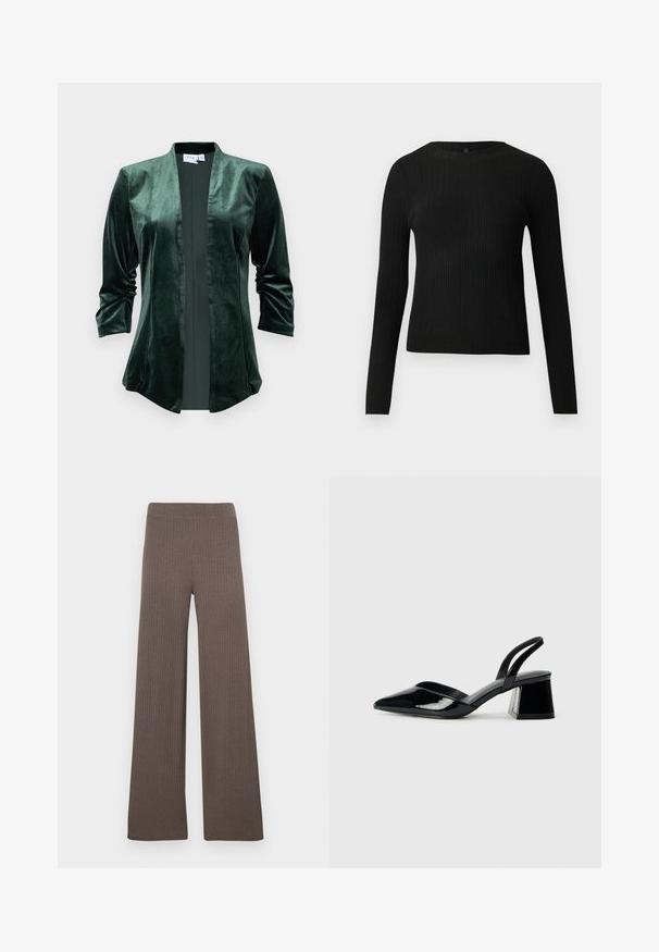 Zelený sametový kabát so šálovým golierom, otvoreným predným dielom a rukávmi po trištvrte. Tkanina má jemnú, hladkú textúru a mierny lesk.; Čierny rebrovaný pulóver s dlhým rukávom, priliehajúci, s okrúhlym výstrihom, vystavený na jednoduchom svetlom pozadí.; Riflované široké nohavice v tmavohnedej farbe, vybavené elastickým pásom a mäkkou, textúrovanou látkou.; Čierne lakované kožené sandálové podpätky s špicatou špičkou a geometrickým blokovým podpätkom. Disponujú elegantným, minimalistickým dizajnom a hladkým povrchom.
