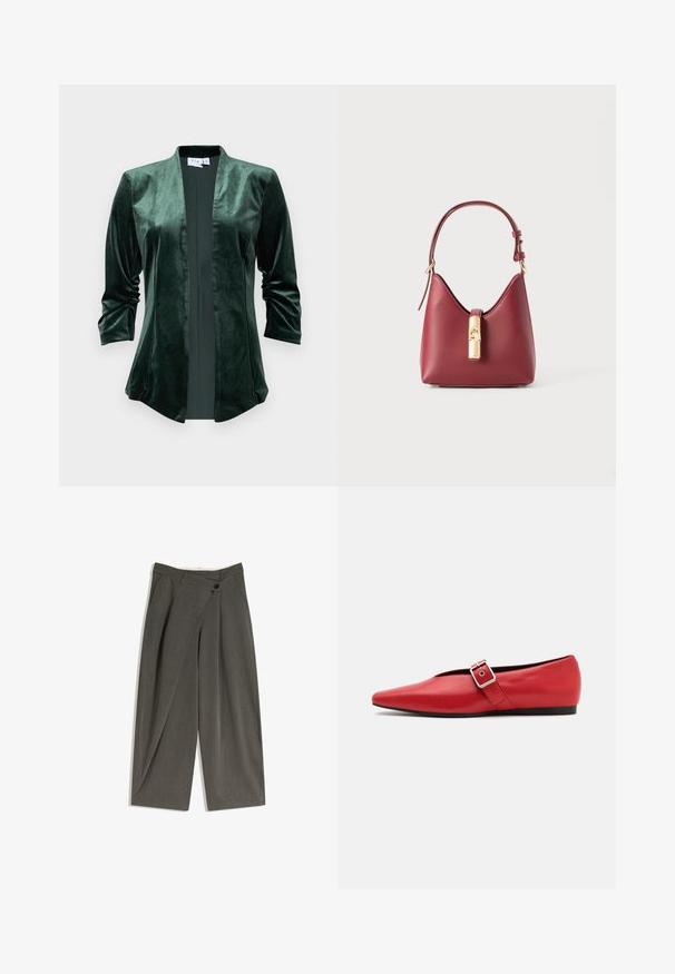Sametti vihreä takki, jossa on huivikaulus, auki oleva etuosa ja kolmannes hihasta. Kangas on pehmeä, sileä ja siinä on hienovarainen kiilto.; Kukkakuvioinen paita, jossa on vaaleanpunainen tausta ja vihreitä lehtiä sekä erilaisia värikkäitä kukkia. Napitettava malli, pitkät hihat.; Hartsi leveet housut tummanharmaasta kankaasta. Ominaisuuksia ovat tasainen etuosa, sivutaskut ja yksittäinen napitus. Silkkinen koostumus, muotoiltu istuvuus.; Punainen nahkainen tasapohjainen kenkä, jossa on terävä kärki, sivuhihna metalli soljella ja matala musta korko. Tasainen pintakäsittely.; Punainen nahkainen käsilaukku, jossa on erottuva kaareva muoto, säädettävä olkahihna ja kultasävyinen solki etupuolella. Sileä pinta, minimaalinen muotoilu.; Kultakuvioinen Michael Kors -kello, jossa on pyöreä kuori, metallinen linkkiranneke, minimalistinen kellotaulu, kolme alikellotaulua ja päivämääränäyttö kuuden kohdalla.