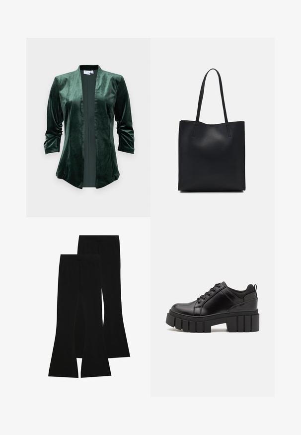 Zāļu zaļa samta jaka ar šalu apkakli, atvērtu priekšpusi un trīs ceturtdaļu piedurknēm. Audums ir mīksts, gluds un ar smalku spīdumu.; Divas garām piedurknēm krekli: viens melns un viens balts. Abiem ir apaļa izgriezne, raglanu piedurknes un mīksta kokvilnas maisījuma audums.; Melni platie bikses, izgatavotas no elastīgas auduma, ar augstu vidukli un gludu tekstūru, ar pieguļošu dizainu, kas paplašinās no ceļa.; Melnas ādas platformas kurpes ar masīvu bloku papēdi, apaļu purngalu un tradicionālu saistīšanas dizainu. Izceļas ar gludu tekstūru un minimālu apdari.; Melnas ādas somiņa ar gludu tekstūru, taisnstūra formu un divām garām rokturiem. Nav redzamu aparatūras vai rotājumu.