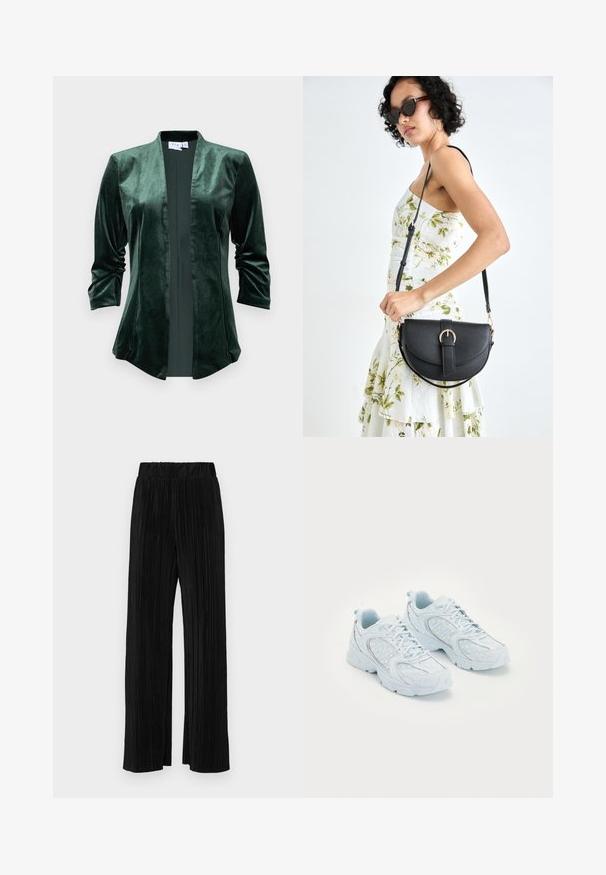 Sammetsgrønn jakke med sjalkrage, åpen front og trekvart ermer. Stoffet har en myk, jevn tekstur og en subtil glans.; Hvit ermeløs topp med rund hals. Laget av glatt stoff, har den en avslappet passform og minimalistisk design. Ingen mønstre eller detaljer.; Sorte plisserte bukser med elastisk midje. Har vide ben og et glatt, strukturert stoff med vertikale striper.; Lyseblå treningssko med overdel av mesh og syntetisk materiale, med hvite prikker og reflekterende detaljer, snøring og polstrede såler.; Svart lærveske med en buet form, avtagbar stropp og gullbeslag. Vesken har et klaff med spenne-detall.