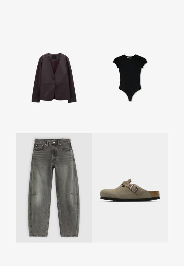 someday. NOEBE - Giacca in similpelle - plum; Body corto nero a maniche corte con scollatura tonda e aperture laterali alte, realizzato in un tessuto liscio e elasticizzato.; Jeans in denim lavato grigio a vita alta con cinque tasche, chiusura con bottone e una vestibilità dritta rilassata.; Zoccoli in suede di un verde oliva chiaro con una soletta in sughero e gomma sagomata. Presentano una cinghia laterale con fibbia metallica e una punta arrotondata.