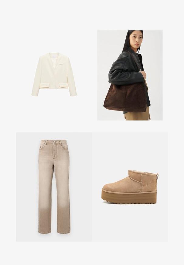 Kremowa, krótka marynarka z dekoltem w serek, długimi rękawami, dwoma przednimi kieszeniami oraz jedną kieszenią na piersi, w minimalistycznym stylu.; Jasnokremowy sweter z długim rękawem, okrągłym dekoltem i ściągaczem u dołu. Wykonany z miękkiego materiału, charakteryzującego się gładką fakturą.; Beżowe dżinsy denimowe z lekko wyblakłym efektem, prostą nogawką, stylem pięciu kieszeni oraz metalowym zapięciem na guziki w talii.; Beżowe zamszowe botki za kostkę z miękkim wnętrzem, z platformą i pętlą z tyłu ułatwiającą zakładanie. Teksturowana gumowa podeszwa.; Brązowa zamszowa torba typu tote o szerokim kształcie i miękkiej teksturze, z pojedynczym uchwytem i minimalnym wykończeniem na neutralnym tle.