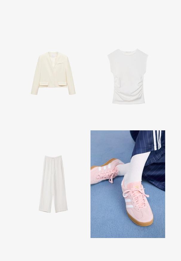 Cremefarvet cropped blazer med v-halsudskæring, lange ærmer, to frontlommer og en enkelt brystlomme for et minimalistisk design.; Hvid ærmeløs top med rund halsudskæring og diskret sidesamling, vist fladt mod en hvid baggrund.; Hvide bukser med bred benlængde lavet af et letvægtsstof. Har et elastisk talje med snor og sidelommer. Glat tekstur.; Lyserøde ruskinds sneakers med hvide striber og snørebånd, udstyret med en struktureret tunge og en gummisål, placeret på et blåt tæppe.