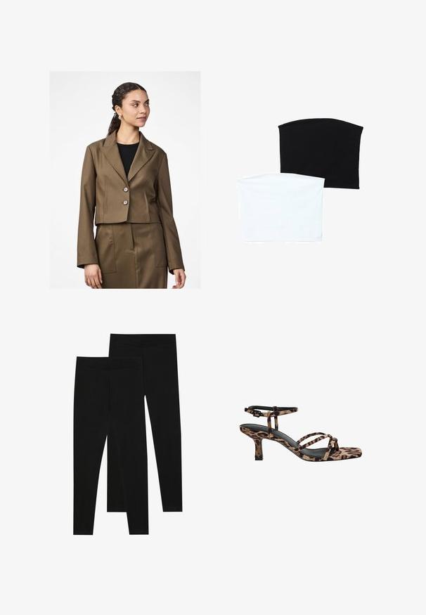 Skraćeni smeđi sako s ogibanim ovratnikom, dva gumba i dugim rukavima. Tkanina ima glatku teksturu, vidljiva je usklađena krojena suknja.; Dvije bešavne cijevi šalovi: jedan crni i jedan bijeli. Obojica su izrađena od mekog, rastezljivog materijala i imaju glatku teksturu bez uzoraka.; Crne tajice napravljene od rastezljivog materijala, s bešavnom elastikom i uskim krojem, prikladne za svakodnevno nošenje ili vježbanje.; Sandal na visokoj peti s leopard uzorkom, kvadratnim vrhom, višestrukim trakama i srednjom petom. Napravljen od mekanog tekstilnog materijala.