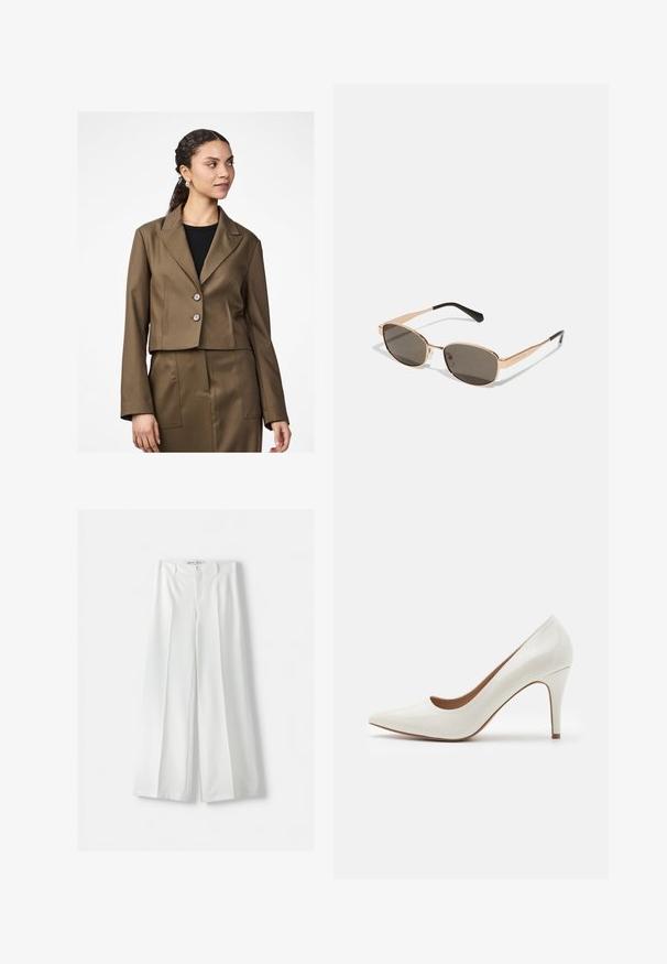 Blazer marrone corto con colletto a zampe di gallo, due bottoni e maniche lunghe. Il tessuto ha una texture liscia, gonnellina coordinata visibile.; Due sciarpe a tubo senza soluzione di continuità: una nera e una bianca. Entrambe sono realizzate in tessuto morbido e elastico e presentano una texture liscia senza motivi.; Bershka WIDE-LEG TAILORED - Pantaloni - white; Scarpa con tacco alto in pelle verniciata bianca, con punta affilata e superficie liscia, caratterizzata da un tacco sottile e un'apertura bassa.; Occhiali da sole rettangolari con montatura metallica dorata e lenti scure. Accentuati da sottili aste nere, che mostrano un design minimalista.; Wristlet Michael Kors in tela rivestita beige con motivo a logo MK ripetuto, hardware dorato e tracolla a catena staccabile.