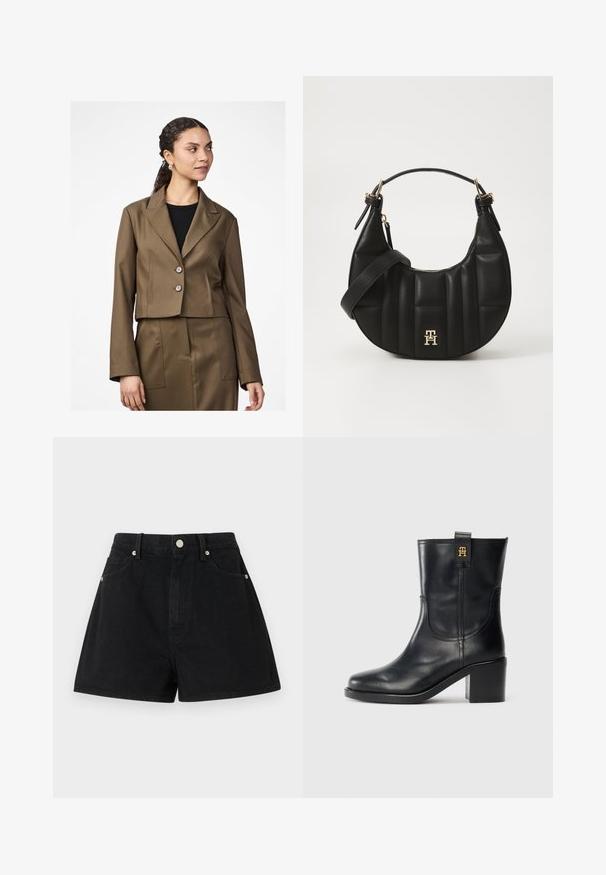 Blazer brun coupé avec un col cranté, deux boutons et des manches longues. Le tissu a une texture lisse, jupe ajustée assortie visible.; T-shirt en coton noir avec des manches courtes roulées, ornée d'un logo en relief au centre et d'un petit accent drapeau sur le côté.; Shorts en denim noir taille haute, cinq poches, accessoires en métal argenté et coupe standard, présentant une texture lisse et des finitions soignées.; Botte en cuir noir mi-mollet avec talon bloc et logo "TH" doré sur la languette, sur fond blanc.; Sac à main en cuir noir avec une forme incurvée, texture matelassée et quincaillerie dorée. Dispose d'une bandoulière amovible et d'un détail de logo.