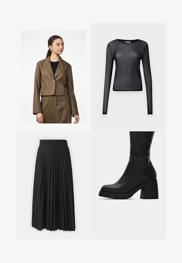 Blazer scurt, maro, cu guler în formă de V, două butoane și mâneci lungi. Țesătura are o textură netedă, fusta ajustată asortată este vizibilă.; Top lung cu mânecă lungă, de culoare neagră, fabricat dintr-un material transparent, având un gât rotund și o croială ajustată, cu margini fin finisate.; Fustă plisată neagră cu un talie lată, cu pliuri verticale uniforme pe toată suprafața. Textură netedă cu un design fluid.; Botină din piele neagră, până la jumătatea gambei, cu toc gros și vârf rotunjit, prezentată în profil lateral pe un fundal alb.