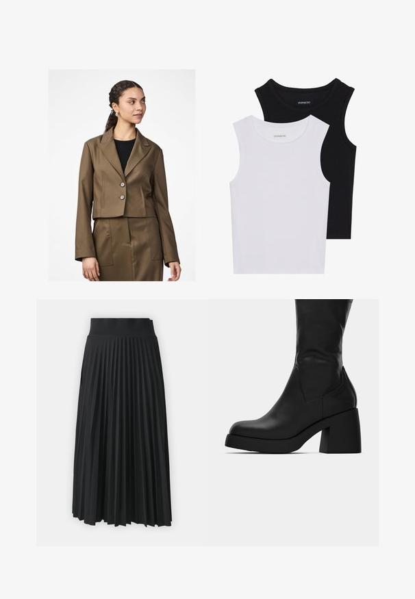 Cropped brown blazer with a notched collar, two buttons, and long sleeves. Fabric has a smooth texture, matching tailored skirt visible.; Two sleeveless tops in black and white, made of ribbed cotton, featuring round necklines and a fitted design. Labels visible on both.; Black pleated skirt with a wide waistband, featuring uniform vertical folds throughout. Smooth texture with a flowing design.; Black mid-calf leather boot with chunky block heel and rounded toe, showing side profile on white background.