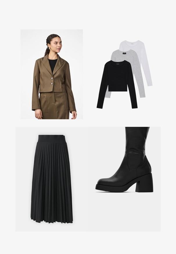 Kort brun kavaj med klippt krage, två knappar och långa ärmar. Tyget har en slät textur, matchande skräddarsydd kjol är synlig.; Tre långärmade tröjor staplade: svart, grå och vit. Var och en har en rund halsringning och en kort design med mjukt, lätt material.; Svart plisserad kjol med en bred midja, som har enhetliga vertikala veck genom hela kjolen. Slät textur med en flödande design.; Svart läderstövel som går till mitten av vadens längd, med kraftig klack och rund tå, visad i sidoprofil mot vit bakgrund.