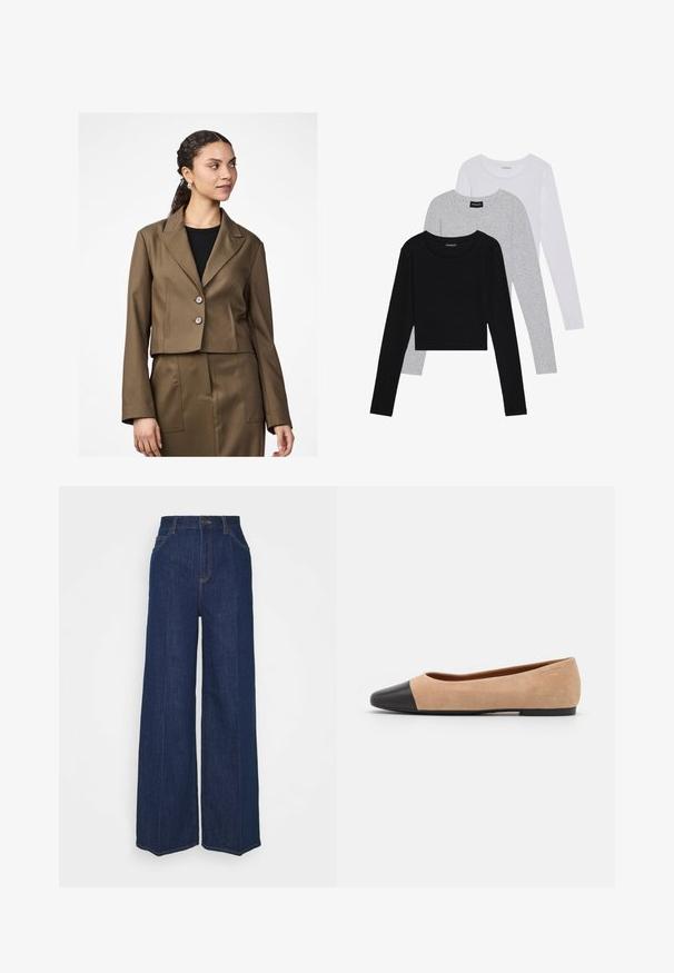 Avkortet brun blaser med notched krage, to knapper og lange ermer. Stoffet har en glatt tekstur, matchende skreddersydd skjørt er synlig.; Tre lange ermer t-skjorter stablet: svart, grå og hvit. Hver har en rund hals og et kort design med glatt, lett stoff.; Høyt liv vidbukse i mørk blå denim med front- og baklommer, knappelukking, og synlige sømdetaljer.; Beige semsket ballettsko med svart lær rund tåhette, lav hæl og glatt tekstur, med minimal søm og et rent design.
