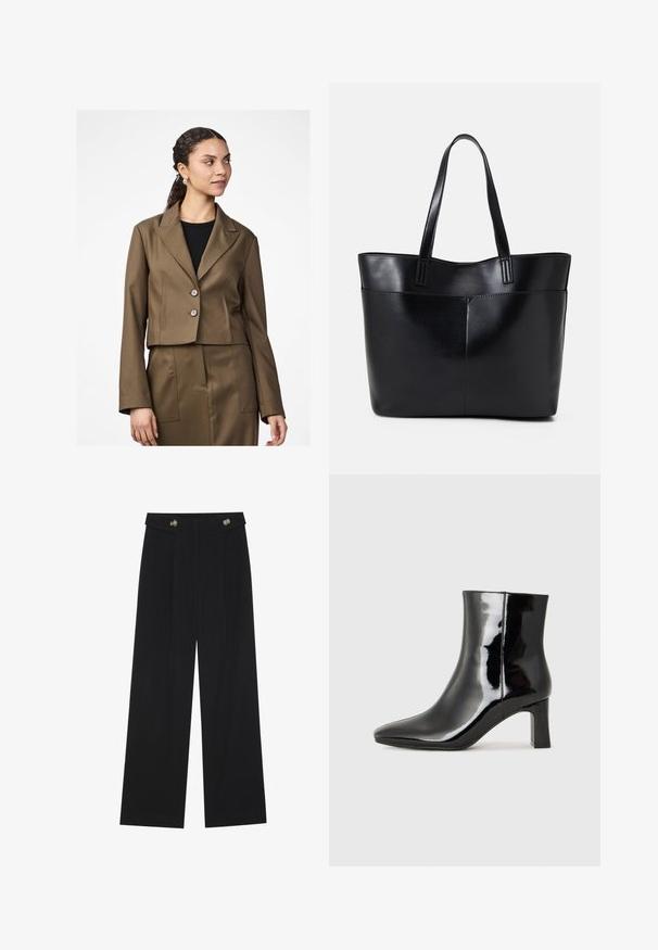 Kurtināts brūns žakets ar izgrieztu apkakli, divām pogām un garām piedurknēm. Audumam ir gluda tekstūra, redzama atbilstoša šūta svārku daļa.; Divi ilgiem piedurknēm tops, viens melns un otrs balts, abiem ir kvadrāta izgriezums un tie ir izgatavoti no mīksta, elastīga auduma.; Melnas platās bikses ar augstu jostasvietu, pogu detaļām uz jostas un priekšējām krokām.; Melnas patentētas ādas potīšu zābaki ar norādītu pirkstu un vidēja augstuma kvadrātveida papēdi. Gluda tekstūra un minimālisma dizains.; Melnas ādas iepirkumu soma ar divām garām rokturām, gludu tekstūru un strukturētu formu. Iekļauj priekšējo kabatu papildu uzglabāšanai.