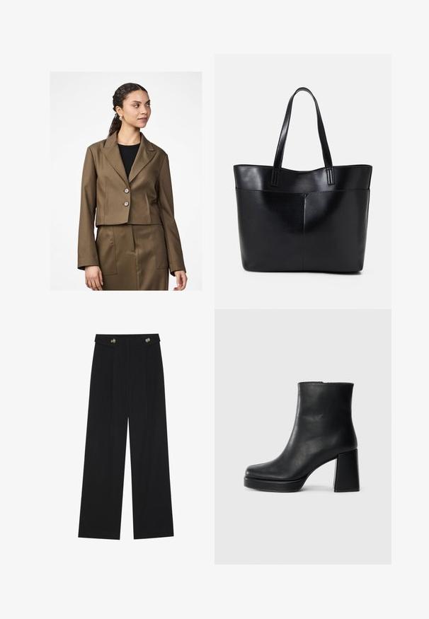 Blazer marrone corto con colletto a zampe di gallo, due bottoni e maniche lunghe. Il tessuto ha una texture liscia, gonnellina coordinata visibile.; Maglietta nera a maniche lunghe con polsini svasati, texture morbida e vestibilità rilassata, con un semplice collo rotondo.; Pantaloni neri a gamba larga con vita alta, dettagli con bottoni in vita e pieghe frontali.; Stivale alla caviglia in pelle nera con tacco a blocco e suola platform, visto di lato su uno sfondo bianco uniforme.; Borsa a tracolla in pelle nera con due manici lunghi, una texture liscia e una forma strutturata. Presenta una tasca frontale per ulteriore spazio di archiviazione.