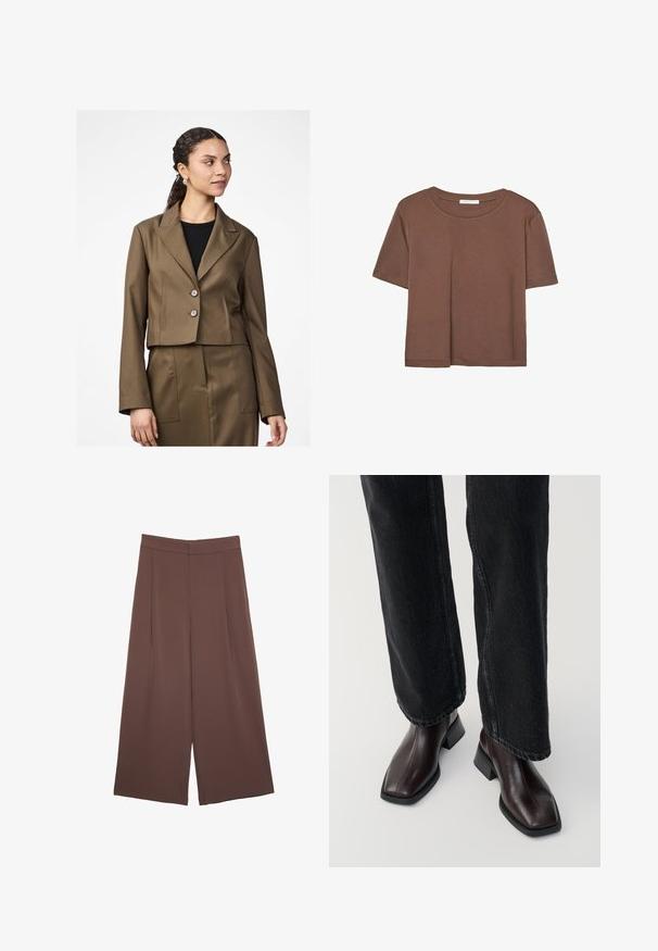 Blazer marrone corto con colletto a zampe di gallo, due bottoni e maniche lunghe. Il tessuto ha una texture liscia, gonnellina coordinata visibile.; Maglietta a maniche corte marrone realizzata in tessuto morbido, con scollatura rotonda e vestibilità rilassata. Nessun motivo o dettaglio visibile.; Pantaloni ampi marroni con una texture liscia, caratterizzati da una vita alta e pieghe frontali. Il tessuto è leggero e scorre liberamente.; Stivali in pelle marrone fino alla caviglia con punta quadrata e tacco a blocco, abbinati a jeans neri a gamba larga. Texture liscia e design minimalista.