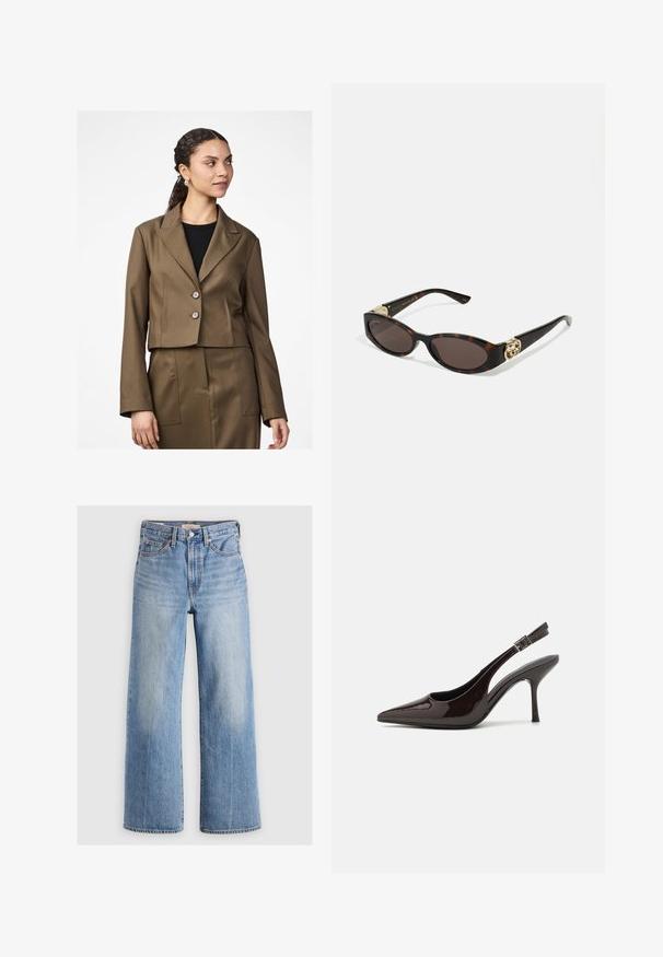 Blazer marrón recortado con solapa muesca, dos botones y mangas largas. La tela tiene una textura suave, con una falda a medida visible que lo acompaña.; Camiseta blanca de tirantes con escote en V y delicados bordes de encaje, tirantes finos ajustables y una tela suave y lisa.; Pantalones vaqueros de mezclilla de corte ancho en azul claro, con cintura alta, zonas desteñidas, cinco bolsillos y costuras en contraste. Cierre clásico con botón y cremallera.; Zapato de tacón alto tipo slingback en piel sintética brillante de color marrón oscuro, con punta afilada, laterales abiertos y correa ajustable en el tobillo.; Gafas de sol carey con lentes ovalados alargados, tintado marrón, acentos de logo dorado en las patillas y brazos negros elegantes.; Pendientes en forma de espiral dorada con respaldo transparente, que presentan acentos dorados texturizados y pequeñas piedras preciosas claras incrustadas en el diseño.