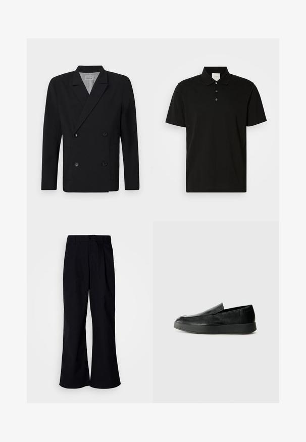 Blazer negro de corte cruzado hecho de tela suave, con dos bolsillos frontales y botones negros. Cuello con muescas y silueta estructurada.; Polo negro de manga corta en tejido suave, con un cuello clásico, tapeta de tres botones y un sutil patrón vertical.; Pantalones de pierna ancha negros de algodón con un pliegue frontal, que presentan un cierre de botón y pasadores para cinturón, con una textura suave y sin patrones visibles.; Calvin Klein HYBRID CUP - Zapatos sin cordones - triple black