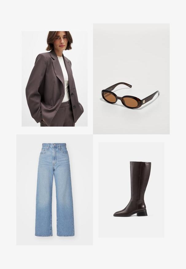 Dunkelbrauner Blazer mit maßgeschneidertem Design, breiten Revers, Knopfverschluss und Seitentaschen. Kombiniert mit einem hellen Oberteil.; Schwarzes Tanktop aus Baumwolle mit rundem Halsausschnitt und weiten Armöffnungen. Glatte Textur mit genähten Säumen. Klassisches, minimalistisches Design.; Hellblaue High-Waist-Weite-Leg-Jeans mit Knopf- und Reißverschluss vorne, Vorder- und Rückentaschen, auf weißem Hintergrund.; Knöchelhohe, braune Lederstiefel mit glatter Oberfläche, abgerundeter Spitze und gestapeltem schwarzen Absatz. Schlichtes Design mit minimalen Hardware-Details.; Braune Schildpatt-Sonnenbrille mit ovalen Gläsern, ausgestattet mit einem dünnen Rahmen und einem kleinen metallischen Akzent an der Seite. Texturierte und polierte Oberfläche.; Tasche aus braunem Wildleder mit zwei langen Griffen, rechteckiger Form und dekorativer Naht. Verfügt über einen seitlichen Riemen und subtile goldene Hardwareakzente.