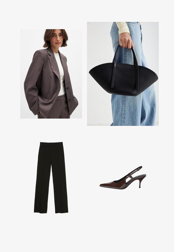 Blazer marron foncé au design ajusté, doté de larges revers, d'une fermeture à bouton et de poches latérales. Assorti à un haut de couleur claire.; T-shirt blanc en coton avec un col rond, des manches courtes et une coupe ajustée. Texture lisse sans motifs ni embellissements.; Pantalons larges noirs en tissu lisse, dotés d'une taille ajustée et de plis avant subtils pour ajouter de la texture.; Escarpin en cuir verni marron avec un bout pointu, des découpes ouvertes et un talon fin. Comprend une sangle à boucle réglable.; Sac à main en cuir noir avec une forme de éventail unique, doté de poignées plates. La surface présente une texture granuleuse et un design minimaliste.