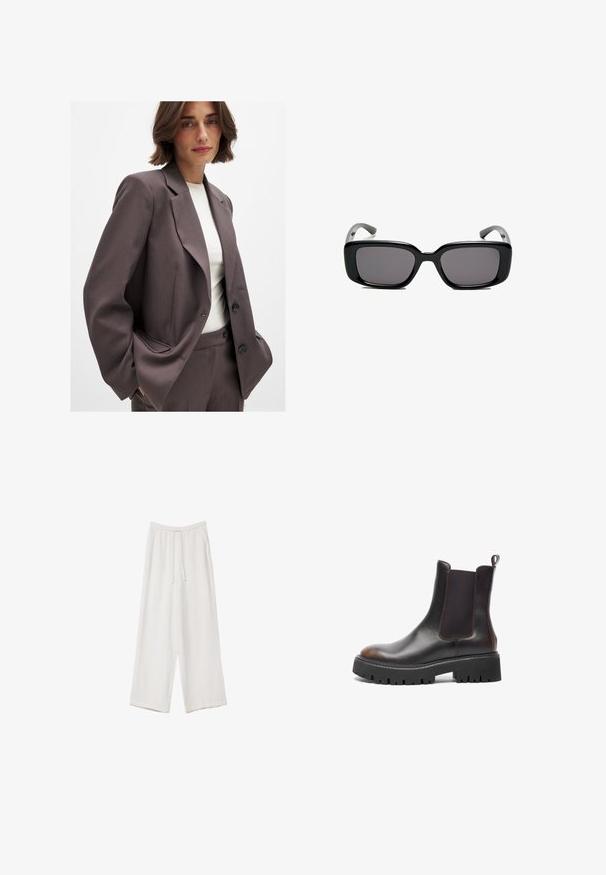 Blazer marrone scuro con design su misura, caratterizzato da risvolti ampi, chiusura a bottoni e tasche laterali. Abbinato a un top chiaro.; T-shirt bianco a maniche corte realizzato in cotone. Presenta un collo tondo e una vestibilità rilassata. Texture liscia senza motivi o dettagli visibili.; Pantaloni a gamba larga bianchi realizzati in un tessuto leggero. Presentano una vita elastica con cordoncino e tasche laterali. Texture liscia.; Stivaletti in pelle marrone con pannelli laterali elasticizzati, suola in gomma nera robusta, punta rotonda, cuciture a contrasto e linguetta sul retro.; Occhiali da sole neri rettangolari con lenti scure, montatura in plastica liscia e tempie curve. Il design è voluminoso con un'estetica minimalista.; Borsa tote in pelle marrone con una forma ampia e strutturata, manici sottili e una finitura testurizzata. Presenta un design minimalista senza hardware visibile.