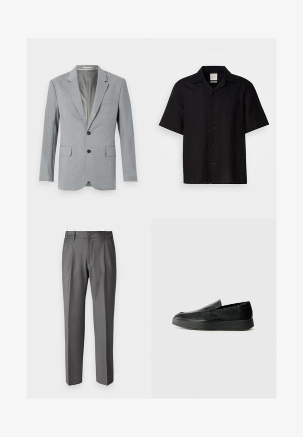 Grauer Blazer aus strukturiertem Stoff, einreihiges Design, mit Reverskragen, zwei vorderen Taschen und schwarzen Knöpfen. Gefüttertes Innenfutter.; Schwarzes Kurzarmhemd aus Leinen, mit Knopfleiste, spitzem Kragen und glatter Textur. Keine auffälligen Muster oder Akzente.; DRYKORN LEEK - Stoffhose - grey; Calvin Klein HYBRID CUP - Slipper - triple black