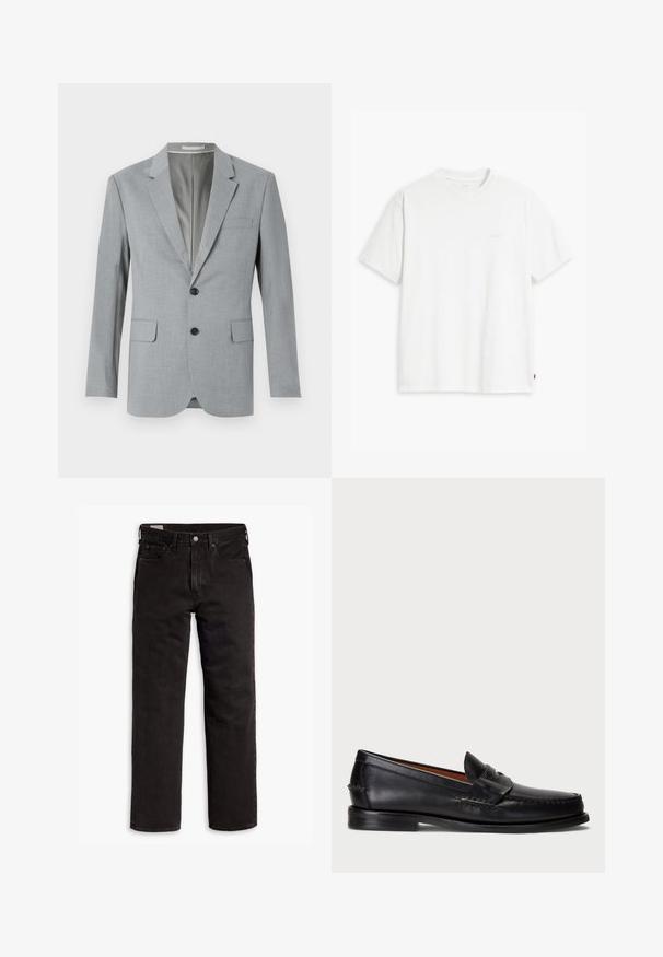 Sivi blazer iz teksturiranega materiala, enojni gumb, zarezani ovratniki, dve sprednji žepi in črni gumbi. Obložen notranji del.; Bela bombažna majica s kratkimi rokavi, okroglim ovratnikom in subtilnim logotipom Levi's, natisnjenim na sredini. Mehak material in standardna oblika.; Črne kavbojke ravnega kroja z žepi, gumbnim zapiranjem in zankami za pas, ležijo položene na belem ozadju.; Črne usnjene loafers čevlje z zaobljenim prstom, šivanimi detajli in okrasnim trakcem spredaj. Ravna podplat z minimalnim profilom.