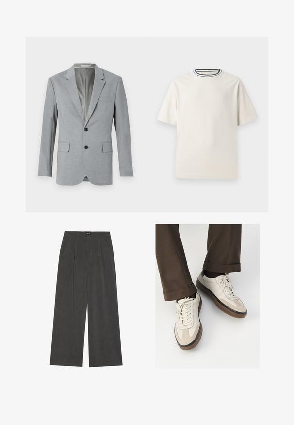 Grauer Blazer aus strukturiertem Stoff, einreihiges Design, mit Reverskragen, zwei vorderen Taschen und schwarzen Knöpfen. Gefüttertes Innenfutter.; Cremefarbendes Baumwoll-T-Shirt mit kurzen Ärmeln, das über einen runden Halsauschnitt mit navy- und weißen Streifen verfügt. Glatte Textur, lässige Passform.; Weite Hosen aus dunkelgrauem Stoff mit einem gefalteten Vorderteil, zwei Seitentaschen und einem flachen Bund. Angenehme Textur und maßgeschneidertes Design.; Beige Sneakers mit einer strukturierten Wildlederfront, glatten Lederseiten und einer braunen Gummisohle. Bändel und helle Nähdetails sind enthalten.
