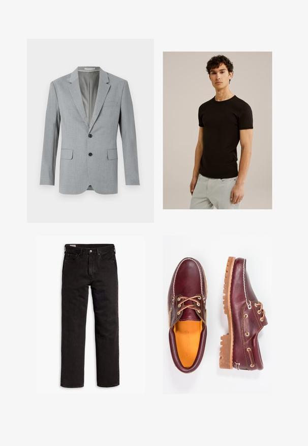 Harmaa bleiseri, jossa on teksturoitu kangas, yksirivinen malli, lovet kaulukset, kaksi etutaskua ja mustat napit. Vuorattu sisustus.; Mustat lyhythihaiset t-paidat, joissa on pyöreä pääntie, on valmistettu sileästä ja joustavasta kankaasta. Istuvuus on slim, suunniteltu istumaan tiiviisti vartalon lähellä.; Mustat suorat farkut, joissa on viisi taskua, nappisulku ja vyölenkit, aseteltuna tasaisesti valkoista taustaa vasten.; Burgundin nahkakengät ruskeilla kumipohjilla, pyöreällä kärjellä, valkoisella ompelulla ja kultaisilla nauha-aukkoilla. Sisäpuolella on keltainen vuori.