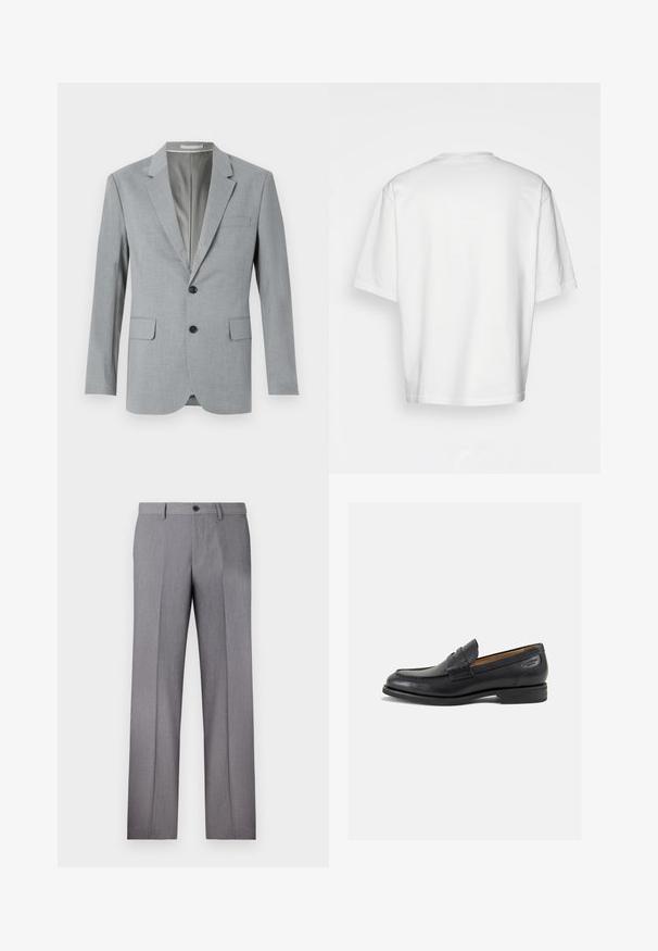 Grey blazer with a textured fabric, single-breasted design, notched lapels, two front pockets, and black buttons. Lined interior.; White short-sleeve t-shirt, loose fit, round neckline, smooth cotton fabric, unembellished back, straight hemline, no patterns or accents.; Gray tailored trousers with a flat front, two side pockets, and a single button closure. Smooth texture with a subtle pinstripe pattern.; Black leather loafers with a smooth finish, rounded toe, and decorative stitching on the vamp. Low stacked heel and slight shine.