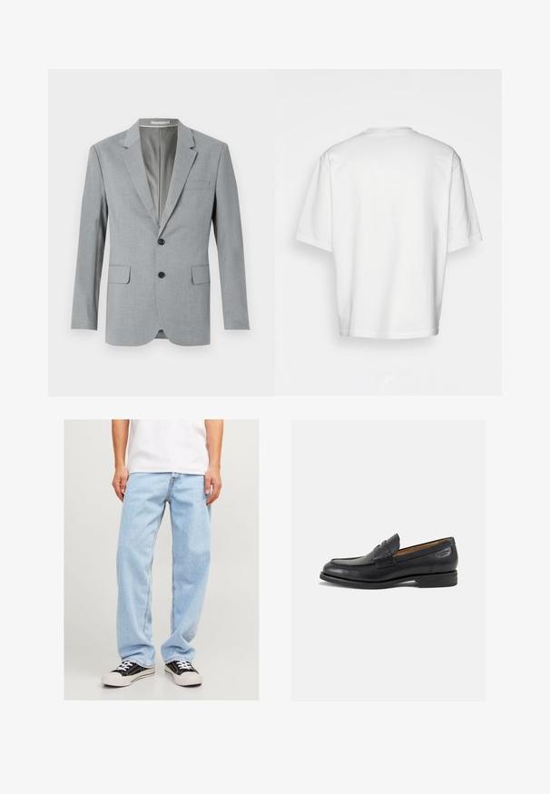Sivi sako s teksturiranim materijalom, jednosmjernim krojem, reverima u obliku slova V, dva prednja džepa i crnim dugmadima. Obložena unutrašnjost.; Bijela majica kratkih rukava, slobodnog kroja, okruglog izreza, od glatke pamučne tkanine, bez ukrasa na leđima, ravnog donjeg ruba, bez uzoraka ili naglasaka.; Svijetloplave traperice opuštenog kroja, s ravnim nogavicama i standardnim šavovima, uparene s crnim tenisicama.; Crne kožne loferice s glatkom površinom, zaobljenim vrhom i dekorativnim šavom na gornjem dijelu. Nizak potplat s malim potpeticama i blagi sjaj.