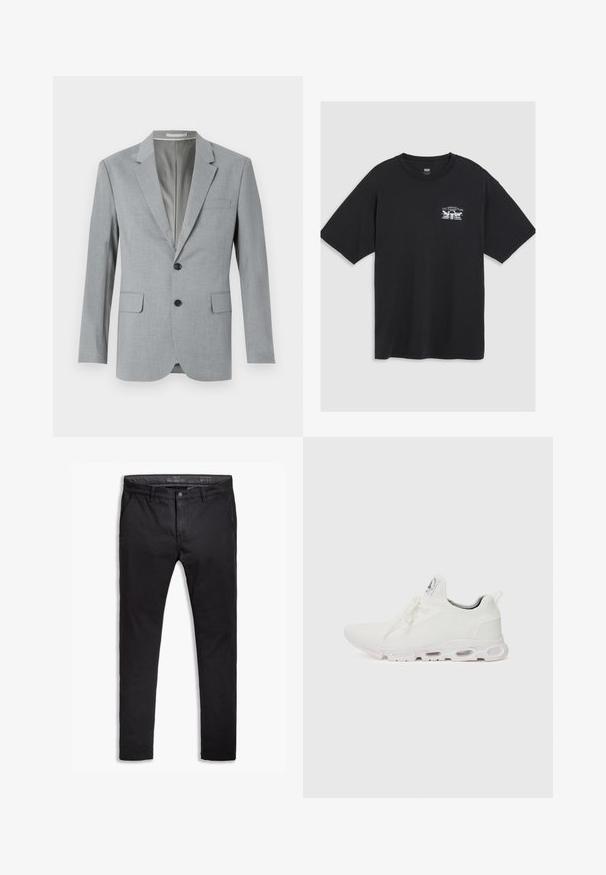 Grey blazer with a textured fabric, single-breasted design, notched lapels, two front pockets, and black buttons. Lined interior.; Black cotton t-shirt with short sleeves, crew neck, and a small white graphic print at the chest featuring a stylized design.; Black cotton chinos with a tapered fit, featuring five pockets, belt loops, and a smooth texture. Zip fly with a button closure.; White athletic shoes featuring a textured knit upper, flat laces, and a cushioned sole with visible air chambers for added support.