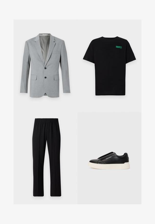 Grå blazer med struktureret stof, enkeltknapsdesign, udskårne lapeller, to frontlommer og sorte knapper. Fodret inderside.; Sort t-shirt lavet af bomuld med korte ærmer. Har et grønt "ROOTS" logo på forsiden, rund halsudskæring og almindelig pasform.; Sorte bukser med elastisk talje og lige ben, der har en glat tekstur og ingen synlige mønstre eller hardware.; Sort slip-on sneakers med tekstureret læderoverdel, hvid gummisål og uden synlige snørebånd. Har brandlogo på siden.