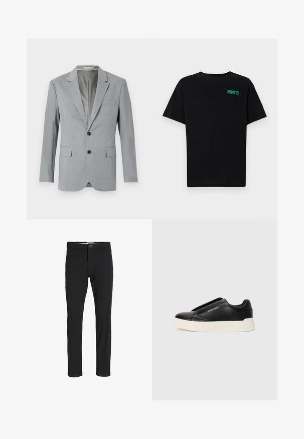 Blazer grigio con tessuto a trama, design a un bottone, rever a notched, due tasche frontali e bottoni neri. Interno foderato.; T-shirt nera in cotone con maniche corte. Presenta un logo verde "ROOTS" sulla parte frontale, colletto rotondo e vestibilità standard.; Pantaloni neri in cotone misto con vestibilità slim, dotati di chiusura con bottone, tasche e orli arrotolati per un look informale.; Sneaker nera slip-on con parte superiore in pelle texturizzata, suola in gomma bianca e senza lacci visibili. Presenta il logo del marchio sul lato.