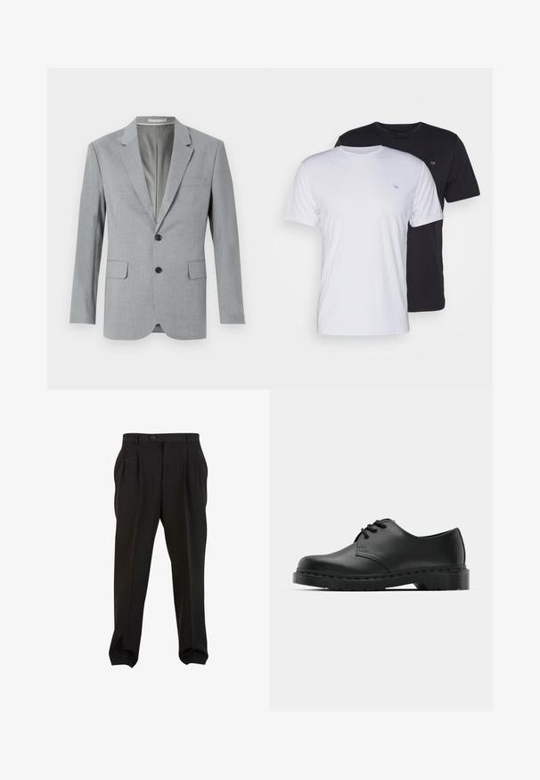 Blazer gris avec un tissu texturé, design à un bouton, revers crantés, deux poches avant et boutons noirs. Doublure intérieure.; Deux t-shirts en coton, un blanc et un noir, à manches courtes avec un col rond, ornés d'un petit logo sur la poitrine, texture lisse.; Pantalons noirs en tissu lisse, avec des plis à l'avant, une taille à bouton et des poignets fuselés. Silhouette classique élégamment taillée.; Chaussure oxford en cuir noir avec un design à lacets, bout rond, semelle en caoutchouc plate et détails de surpiqûre discrets le long du dessus.