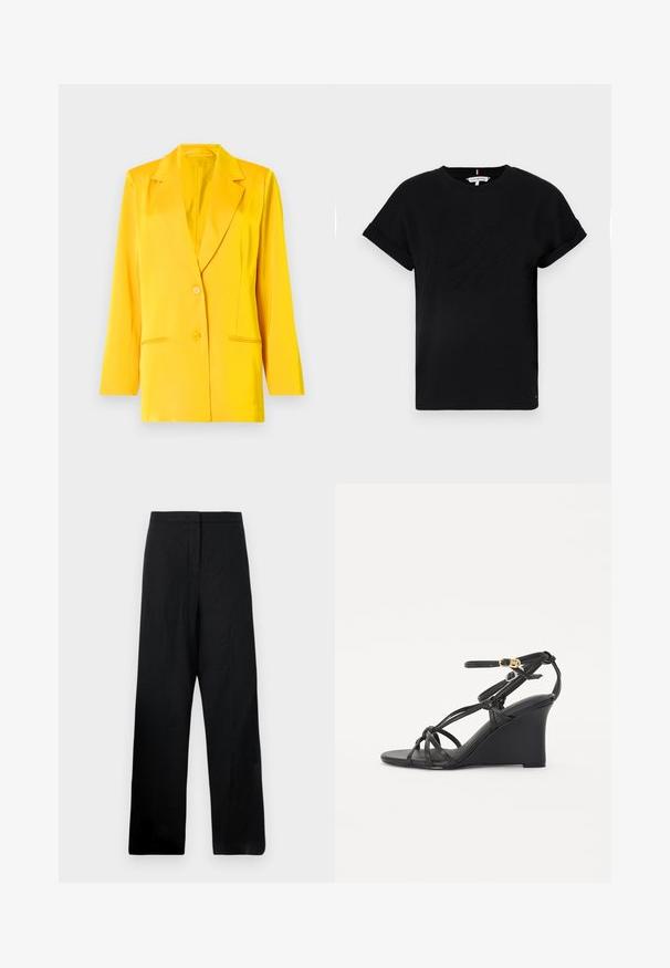 Blazer jaune en tissu lisse avec un col châle, deux poches avant et deux boutons pour la fermeture. Coupe ajustée, manches longues.; T-shirt en coton noir avec des manches courtes roulées, ornée d'un logo en relief au centre et d'un petit accent drapeau sur le côté.; Pantalons larges noirs en tissu léger. Présentent une texture lisse, une taille haute et des détails de couture minimaux.; Sandales en wedge noires avec de fines lanières croisées et une sangle de cheville réglable avec une boucle dorée. Finition en cuir lisse.