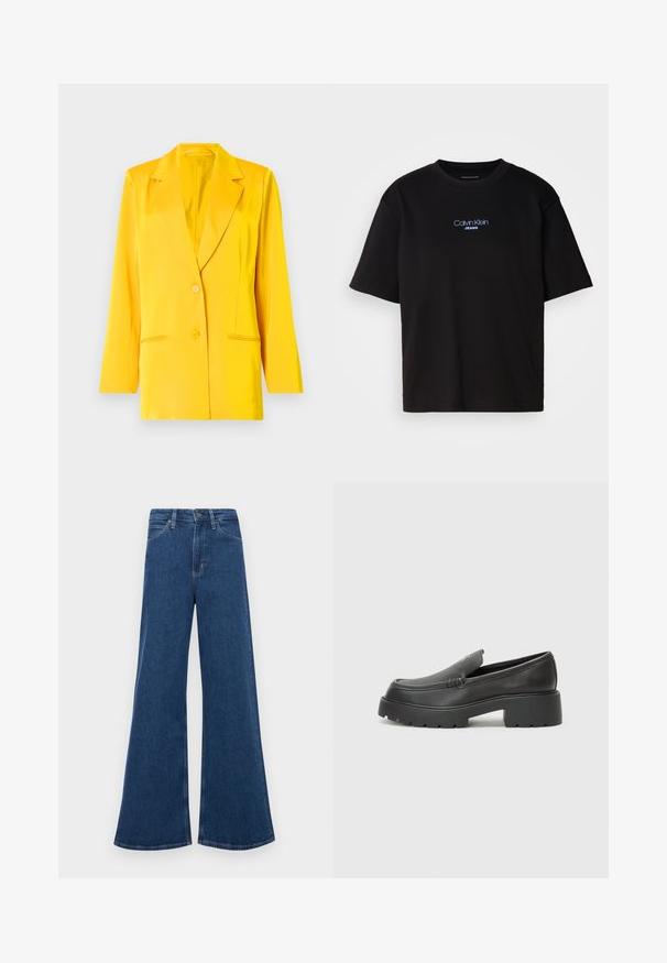 Sárga blézer sima anyagból, sálgallérral, két elülső zsebbel és két gombos záródással. Testre szabott fazon, hosszú ujjak.; Fekete pamut póló kerek nyakkal, rövid ujjú, elöl kék hímzett "Calvin Klein JEANS" logóval.; Kék farmerből készült, bővülő szárú, magas derekú farmernadrág, öt zsebbel, gombos záródással és kontrasztos varrásokkal az összehúzott részeknél.; Fekete bőr loafer cipők kerek orral, vastag, texturált talppal és minimális varrási részletekkel. Áramvonalas dizájn, látható fűzők vagy fém részek nélkül.