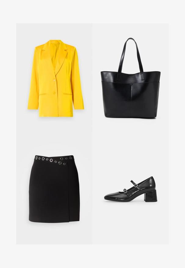 Gul blazer lavet af glat stof med sjalskrave, to forlommer og to knapper til lukning. Tætsiddende pasform, lange ærmer.; Sort langærmet top med flagrende manchetter, blød tekstur og en afslappet pasform, samt en enkel rund halsudskæring.; Morgan JILLY - Tubenederdele - noir; Sorte patenterede læder Mary Jane-sko med spidse tæer, to justerbare stropper og en kraftig blokhæl. Glat tekstur og blank finish.; Sort læder tote taske med to lange håndtag, en glat tekstur og en struktureret form. Har en forlommem for ekstra opbevaring.