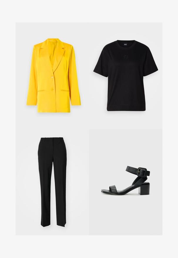 Kollane bleiser, mis on valmistatud siledast kangast ja millel on šalli krae, kaks esist taskut ning kaks nööpi kinnitamiseks. Kohandatud lõige, pikad varrukad.; Mustmust särk, millel on ümar kaelus, lühikesed varrukad ja tindiga tikitud logo rinnal. Lihtne, mugav lõige ilma mustriteta.; Mustad ja sirged püksid, millel on sile tekstuur ja teravad voldid esiosas. Ilma nähtavate detailideta.; Must mustlastest mustaala sandaal, millel on reguleeritav pahkluu rihm, avatud varvaste disain ja ruudukujuline plokknina. Sujuv tekstuur, minimalistlik stiil.
