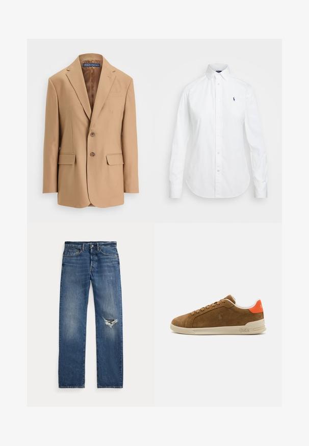 Vaaleanbeige blazer, joka on valmistettu sileästä kankaasta. Sen muotoilu on yksirivinen ja siinä on kaksi etutaskua sekä kaksi nappia. Viistot kaulukset ja siistit linjat.; Valkoinen nappikauluspaita, jossa on terävä kaulus, pitkät hihat ja pieni sininen logo vasemmassa rinnassa. Valmistettu puuvillakankaasta.; Siniset farkut, joissa on keskikorkea vyötärö, viisi taskua ja repaleinen repeämä oikeassa polvessa.; Ruske juuttihiusnikat, joissa on kermaavaaleat kumipohjat, oranssit yksityiskohdat kantapäässä ja pieni logotehoste sivussa.