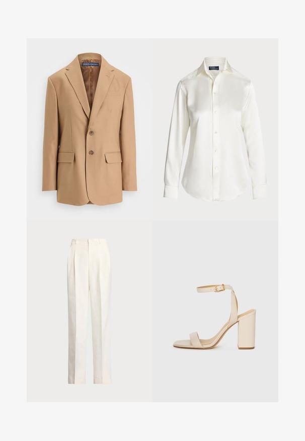 Vaaleanbeige blazer, joka on valmistettu sileästä kankaasta. Sen muotoilu on yksirivinen ja siinä on kaksi etutaskua sekä kaksi nappia. Viistot kaulukset ja siistit linjat.; Valkoinen pitkähihainen nappipaita, joka on valmistettu sileästä kankaasta. Paidassa on klassinen kaulus ja hienovarainen kiilto, pyöristetty helma sekä napitusyksityiskohdat.; Polo Ralph Lauren HEMP WIDE LEG PANT - Housut - nevis; Beige sandaalit korkealla korolla, jossa on neliömäinen varvas, ohut nilkkaremmi ja paksu korko. Silkkinen nahkapinta kultaisella soljella.